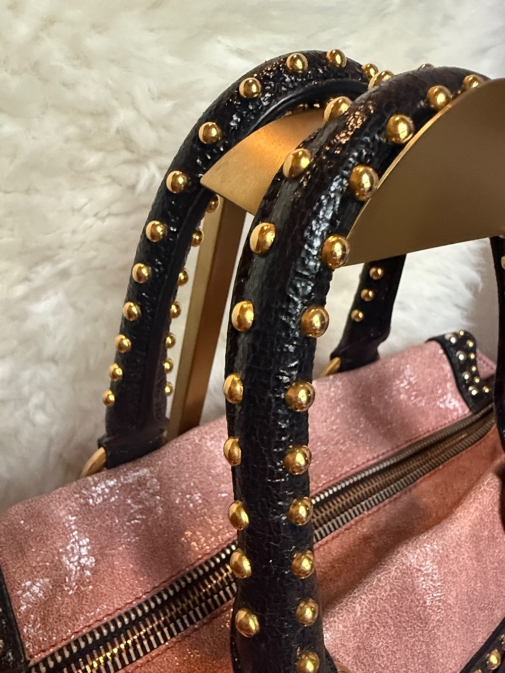 Prada Rose Pink Leather Satchel with Gold Studs and Black Trim & Crossbody Strap - Picture 4 of 10